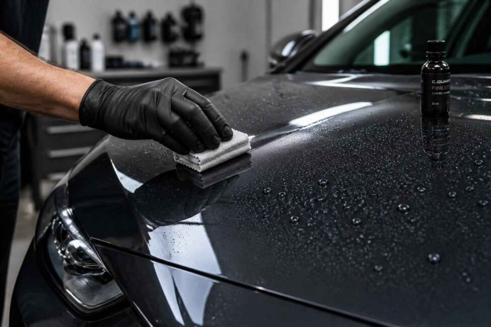 Detailer w rękawiczce nakłada powłokę ceramiczną na mokrą maskę czarnego samochodu