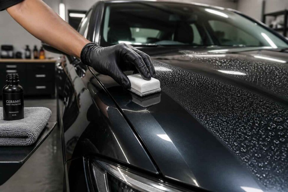 Polerowanie lakieru czarnego samochodu Detailer w czarnej rękawiczce poleruje maskę samochodu pokrytą kroplami wody