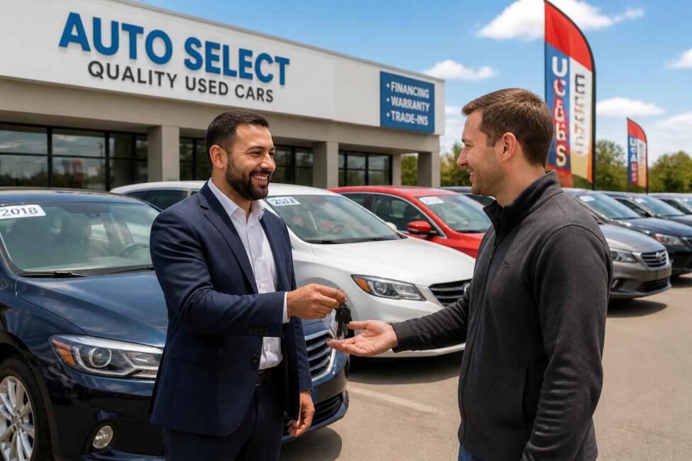 Wręczenie kluczyków przed salonem Auto Select Sprzedawca wręcza kluczyki klientowi na tle samochodów używanych przed salonem